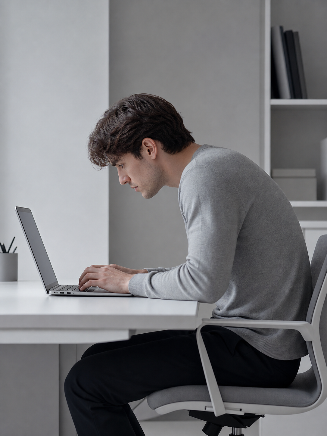 Sin soporte: espalda encorvada sobre la notebook